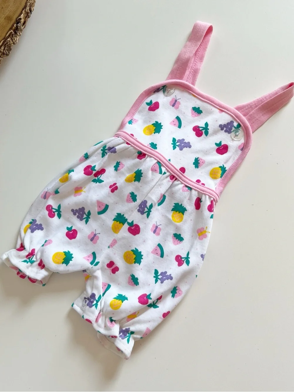 Vintage Toddletime Fruit Overall Bubble Romper & Cardigan 2 Piece Set | 6-9m